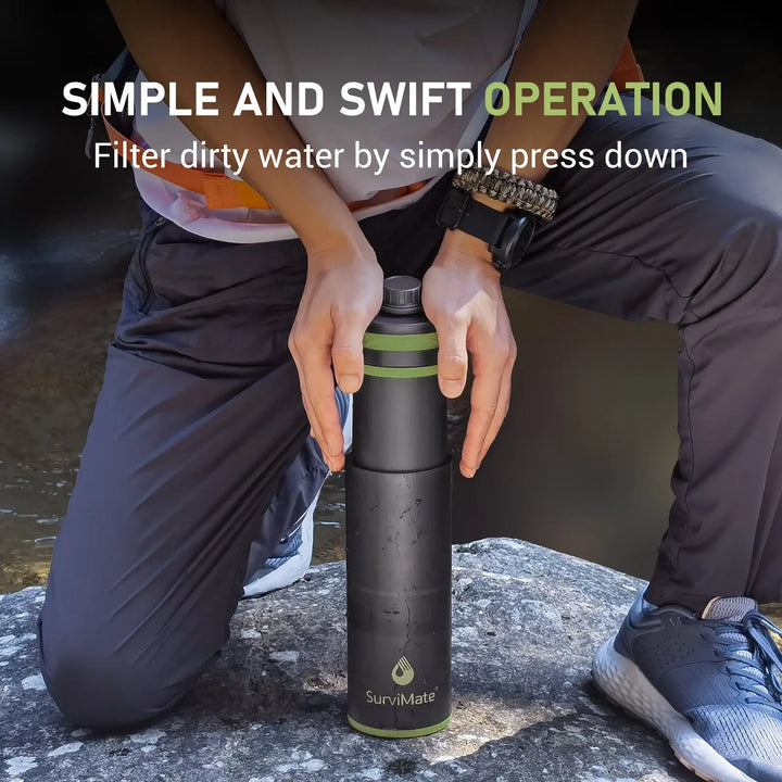 Authorized Survimate 27oz Filtered Water Bottle with 0.01μm Ultra-Filtration, Portable Water Filter Bottle with 3-Stage Filtration for Survival, Camping, Hiking, Backpacking, Drinking, Emergency Purewell