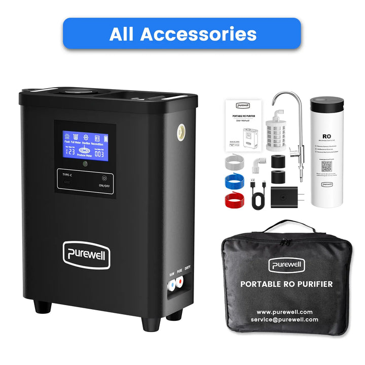 Portable RO Water Purifier NSF/SGS Certified, Remove ≥ 99.9999% Virus, Fluoride, Microplastic, TDS, For RV, Camping, Emergency, Disaster - Purewell® Purewell