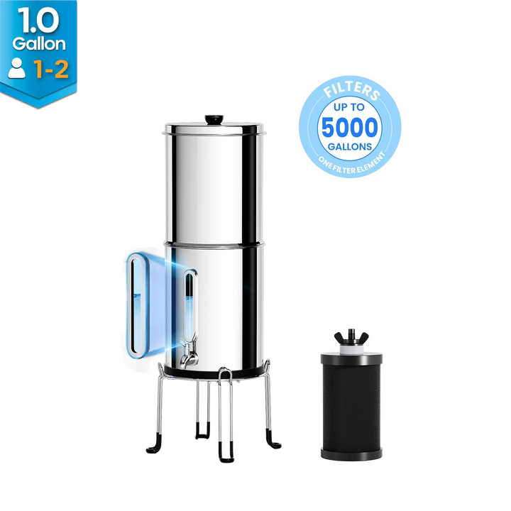 Purewell® - K Series - 1.0 Gallon Compact 304 Stainless Steel Gravity-fed Water Filter System, NSF Certified Purewell
