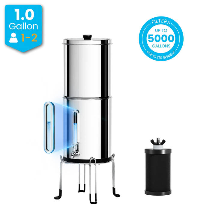 Purewell® - K Series - 1.0 Gallon Compact 304 Stainless Steel Gravity-fed Water Filter System, NSF Certified Purewell