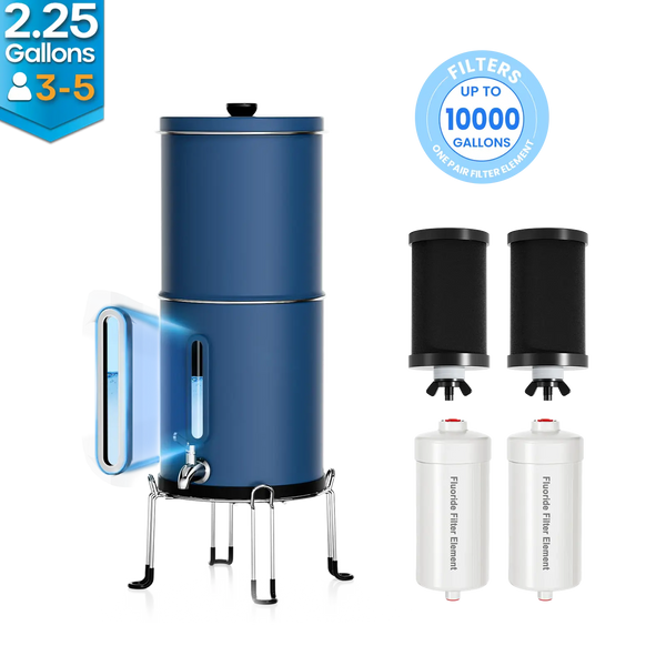 Purewell® – K Series - Multicolor 2.25 Gallons 304 Stainless Steel Gravity-fed Water Filter System with Water Level Window, NSF Certified Purewell