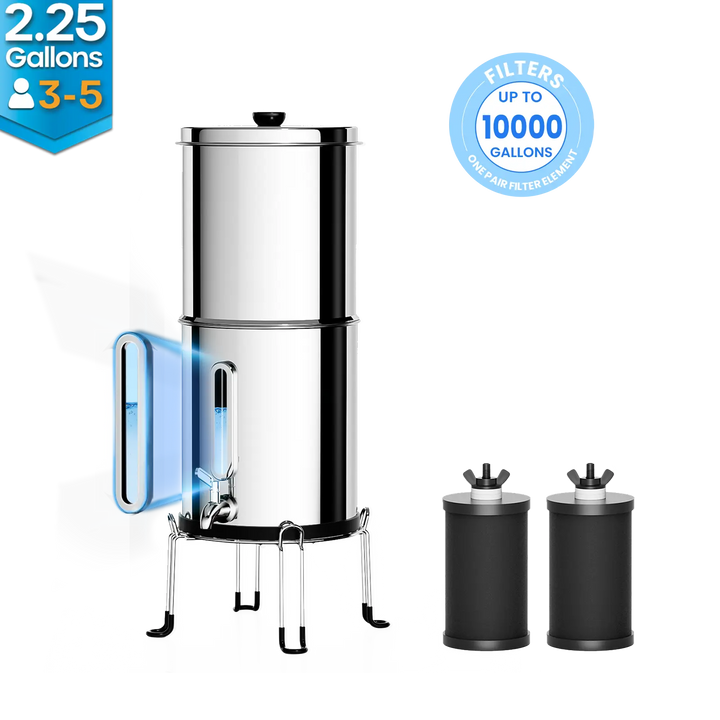 Purewell® – K Series - Multicolor 2.25 Gallons 304 Stainless Steel Gravity-fed Water Filter System with Water Level Window, NSF Certified Purewell