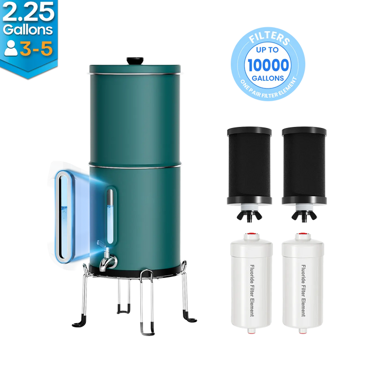 Purewell® – K Series - Multicolor 2.25 Gallons 304 Stainless Steel Gravity-fed Water Filter System with Water Level Window, NSF Certified Purewell