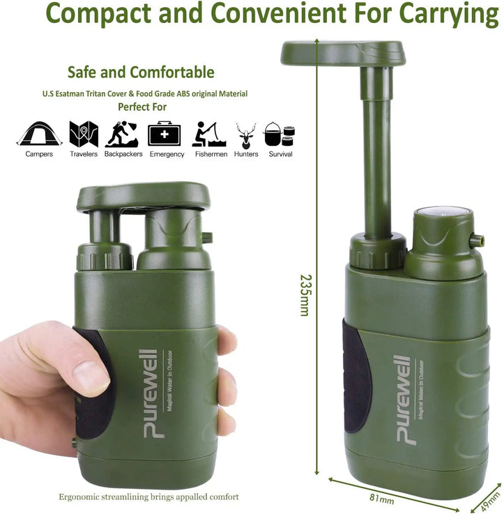 Purewell Pump Water Filter with Replaceable Carbon Pre-filter 0.01 Micron 4 Filter Stages, Portable Outdoor Emergency and Survival Gear - Camping, Hiking, Backpacking Purewell